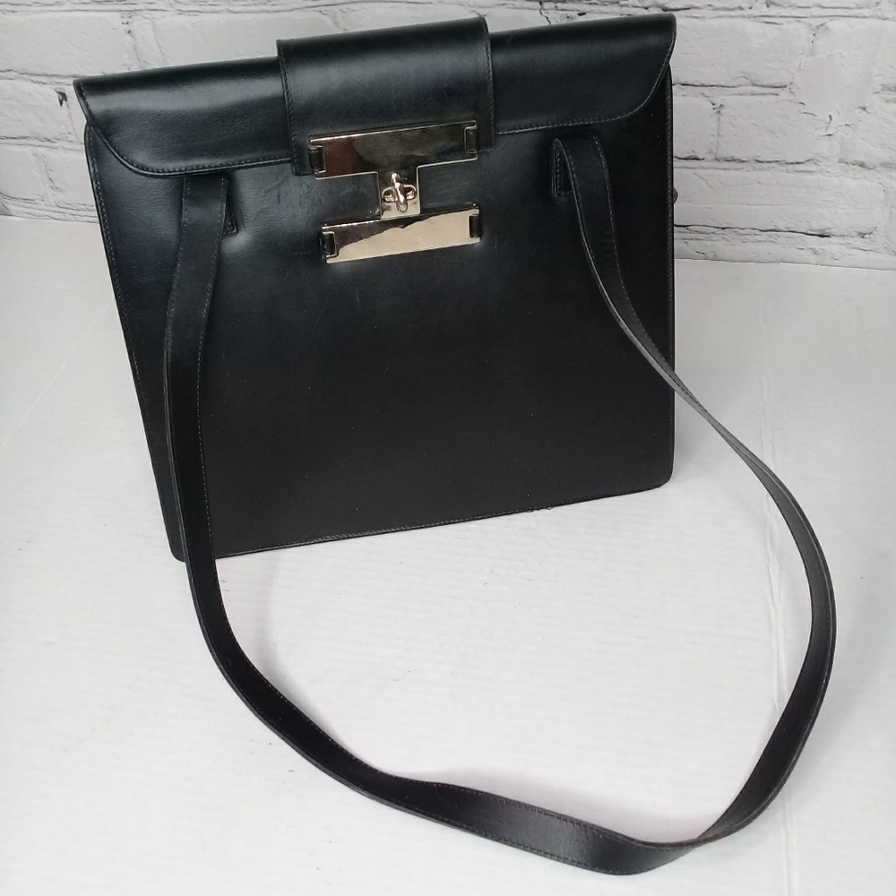 Roberto Donini Black Silver Italian Leather Crossbody Slim Handbag 12" x 5"
